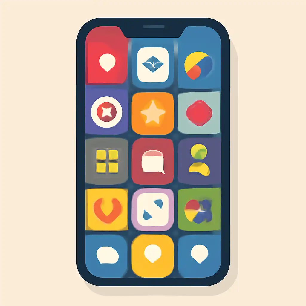 Smartphone shown from the front displaying a colourful flat layout of abstract game icons and rounded tiles (no text, no letters, no labels), 51 Game