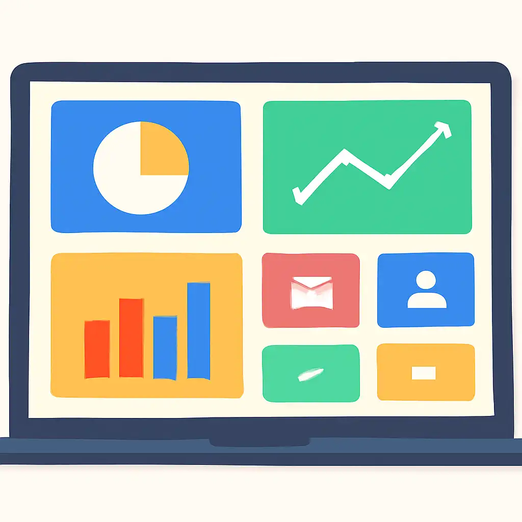 Laptop shown from the front displaying a colourful flat dashboard of abstract charts, bars and icon tiles (no text, no letters, no labels), 51 Game
